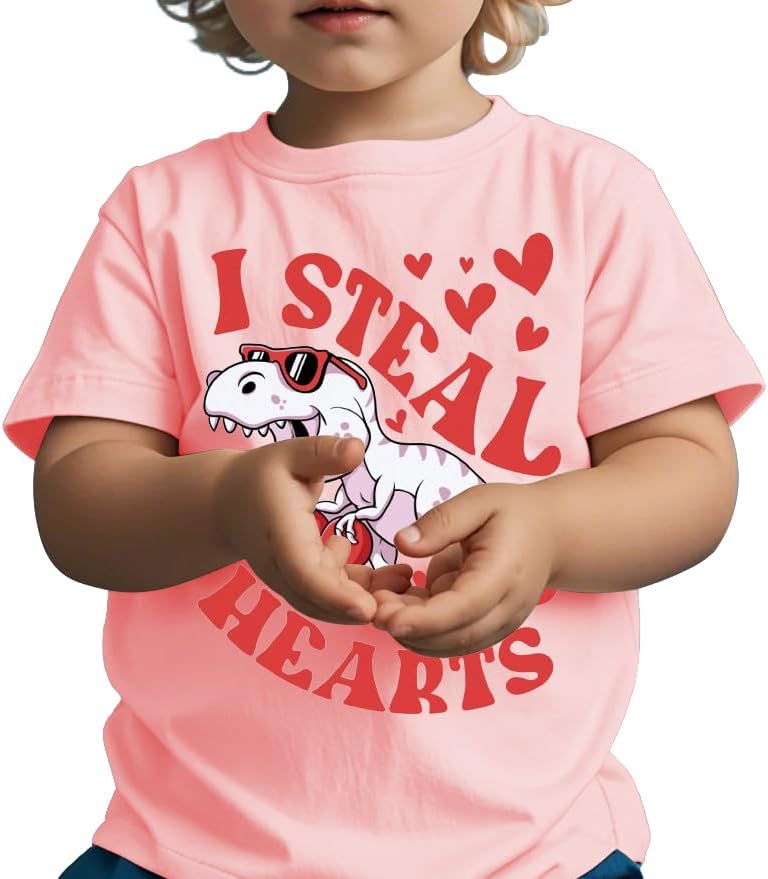 Valentines Shirts for Boys Girls Kids Toddler Funny Dinosaur Steal Hearts Tee Tops - Image 2