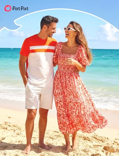 Image of PATPAT Family Matching Outfits Mommy and Me Dresses Floral Dress & T-Shirts | Mommy and Me Easter Dresses, Puff Sleeve Floral Sundress, Cotton Blend T-shirts, Couples Party Wedding Vacation Outfits