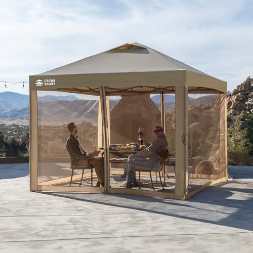 CROWN SHADES Gazebo 10x10 Pop Up Canopy with Mosquito Netting, Screen Tent with 4 Ropes, 8 Stakes, 4 Sandbags and Wheeled Storage Bag, Canopy for Patio & Backyard Parties,Camping&Events -(Beige) - Image 4