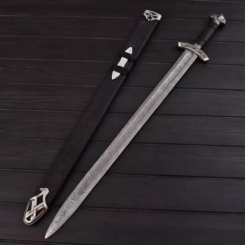 Damascus Steel Viking Sword with Leather Scabbard – Norse Northman Medieval Battle Sword | Handmade LARP & Cosplay Long Sword, Perfect Viking Decor & Gift for Men - Image 5