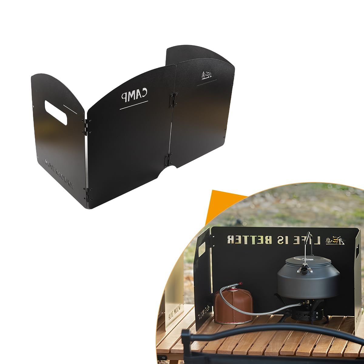 Parabrisas plegable para estufa de camping, divisores gruesos, cuatro paneles, negro, plegable, con bolsa de transporte