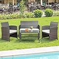 SUNLEI 4 Piece Outdoor Patio Furniture Set, Rattan Chair Wicker Conversation Set, Backyard Porch Garden Poolside Gray Rattan Sofa Chair with Cushion for Outdoor Indoor Use (White)