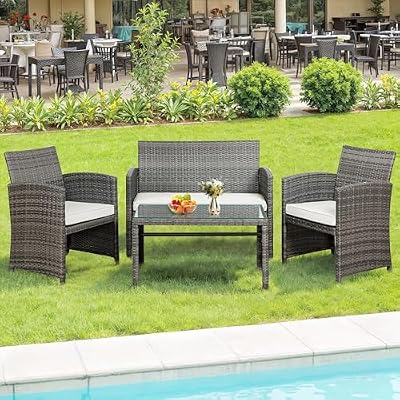 SUNLEI 4 Piece Outdoor Patio Furniture Set, Rattan Chair Wicker Conversation Set, Backyard Porch Garden Poolside Gray Rattan Sofa Chair with Cushion for Outdoor Indoor Use (White)