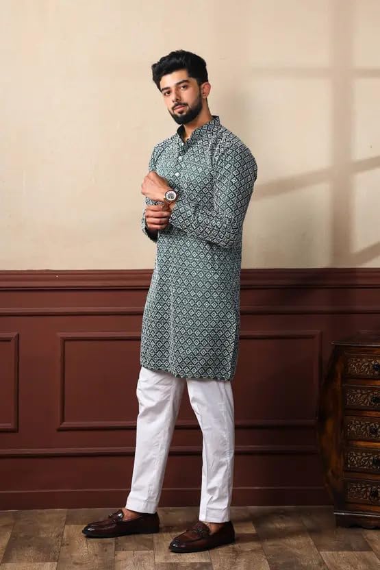 Image of LookMark Men's Printed Silk Blend Kurta with Mandarin Collar, Full Sleeves, Straight Fit Traditional Ethnic Wear