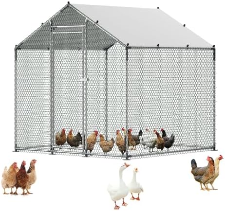 VEVOR Metal Chicken Coop, 6.56x6.56x6.56ft Large Walk-in Chicken Runs with Cover, Spire Roof Hen House Enclosure with Security Lock, Outdoor Duck Rabbit Cage Poultry Pen for Backyard, Farm, Yard