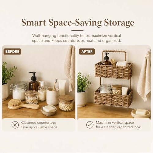 Image of Amazon Brand - Umi Handwoven Raffia Wall Hanging 2 Tier Storage Basket Organizer with 2 Self Adhesive Hooks & 4 Hooks Natural Wicker Shelf Basket for Bathroom Living Room Office (26x18.5x34 cm)