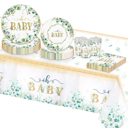 TOPWAYS Verde Eucalipto Baby Shower Decoracion Platos Desechables Set, Eucalyptus Papel Desechable Platos Taza Manteles para Manteles para Fiesta Decoración Niño Niña Baby Shower (16 invitados)