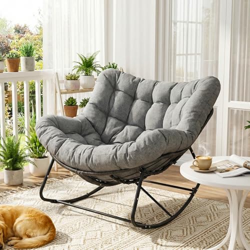 LIFERUN Schaukelstuhl mit Rattan, Ei-Schaukelstuhl, Schaukelsessel Oversized, mit dickem Abnehmbar Polster & Metallrahmen, Belastung von 150kg, Loungesessel für Garten Balkon Wohnzimmer, Grau