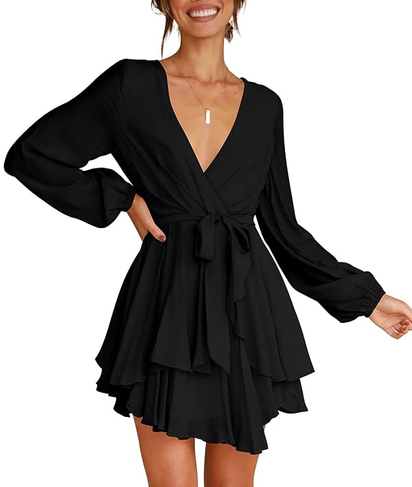 Cosonsen Womens Ruffle Dress Tie Waist Deep V-Neck Long Sleeve Swing Short Dress Black XXL by Cosonsen - Used condition - Image 4