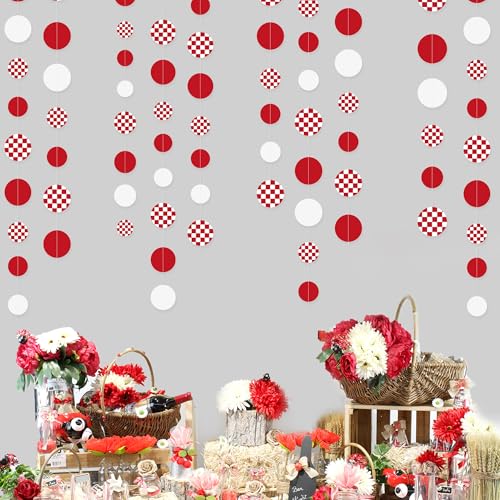 Image of Red Party Decorations White Red Checkered Circle Dots Streamer Hanging Paper Polka Dot Garland for Birthday Wedding Shower Bachelorette Christmas Carnival Circus Picnic Party Decorations Supplies