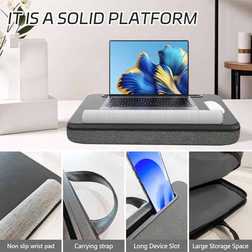 Lap Desk - Portable Laptop Desk Fits up to 15.6 inch Laptops, Wrist Pad, Storage Function, Tablet & Phone Holder, Laptop Stand for Home Office Study (Black & Dark Gray)