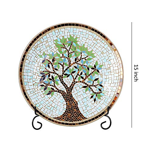 15" Round Mosaic Glass Decorative Charger Plate with Stand Tree Pattern - Thumbnail 2
