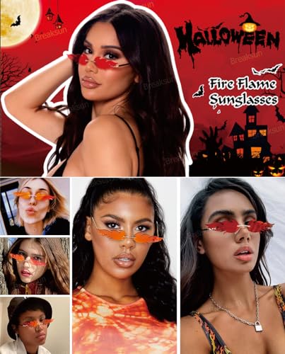 Fire Flame Sunglasses for Women Men Retro Narrow Fire Shaped Rimless Flame Shades Halloween Party Red Glasses2