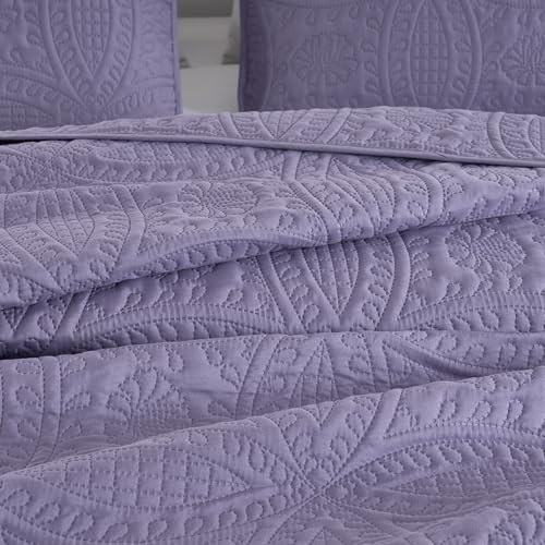 Image of Chezmoi Collection Austin Queen Oversized Bedspread Set, 3-Piece Pinsonic Quilted Lightweight Microfiber Bedspread Coverlet, Dusty Purple