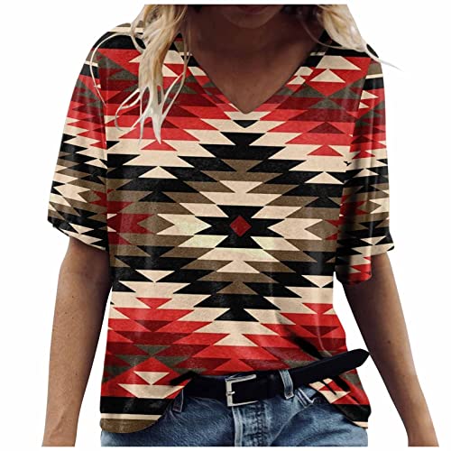 Womens Western Shirts Vintage Ethnic Style Geometric Print Short Sleeve Aztec Tunic Tops Summer Loose Casual Tee #TOP10