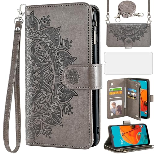Asuwish Phone Case for LG K51/Reflect LTE/Q51 Wallet Cell Cover with Screen Protector Lanyard Wrist Strap Mandala Flower Zipper Card Holder LGK51 K 51 51K L555DL 2020 LGK51Phone LG51Cases Girls Gray