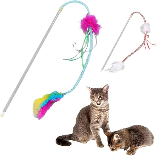 Miniatura 2 de Suministros para mascotas Animales Juguetes Pluma Colorida Gato Teaser Varita Stick Interactivo Gatito Scratch Bell Juguete Multicolor