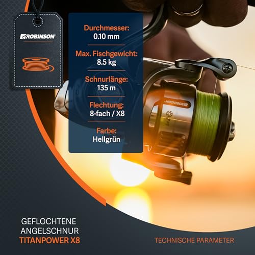 Robinson Geflochtene Angelschnur X8 - Angelschnur geflochten, 0,10mm - Tragkraft bis 8,5kg, 135m, ideal zum Spinnfischen - Titan Power GRÜN