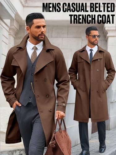 Image of Runcati Mens Trench Coat Double Breasted Notched Lapel Casual Belted Windbreaker Fall Classic Long Jacket Overcoat