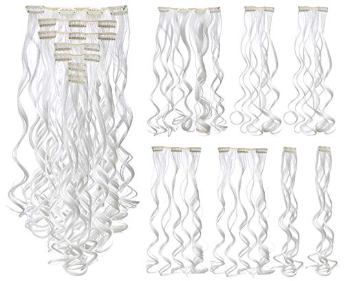 Swacc 7 Pcs Full Head Party Highlights Clip On In Hair Extensions Colored Hair Streak Synthetic Hairpieces (20-Inch Curly, White) #TOP14
