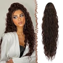 FESHFEN Ponytail Extensions - 26 inch Drawstring Long Curly Wavy Clip in Ponytails Synthetic Hair Piece Pony Tail Hairpieces for Women, Dark Brown