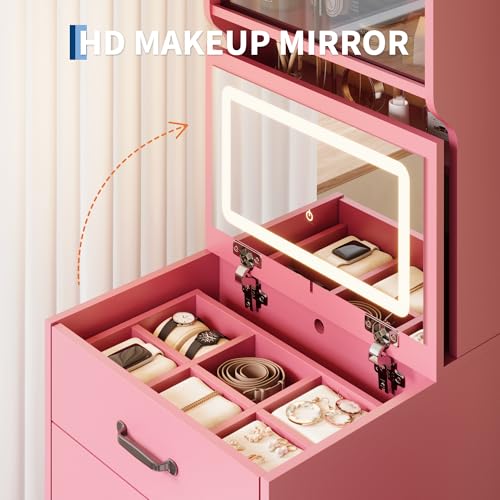 3 in 1 Vanity Desk with Flip Top Mirror, Compact Makeup Vanity Set with 3 Color LED, Dressing Table with 3 Drawers and Cabinet, Girls Small Vanity with Jewelry Box and Hidden Chair, Pink — view 5