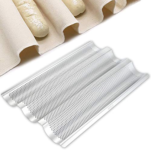 AYCCNH Perforierte französische Baguette-Brotpfanne aus Edelstahl, 3 Wellen, Toaster, Backofen, Backblech (38,1 x 25,4 cm) mit großem Brotgärtuch (45 x 77 cm)