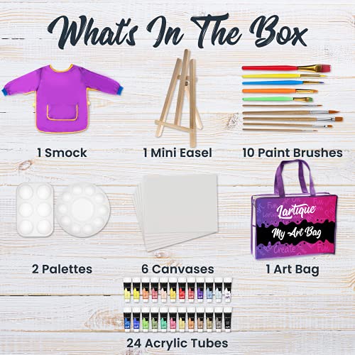 Lartique Kids Painting Kit - Set Of Easel, 6 Canvas Panels, 24 Acrylic Paint Tubes, 10 Paintbrushes, 2 Plastic Color Mixing Palettes, No Mess Smock & Storage Bag - Children’s Art & Crafts Supplies #TOP1