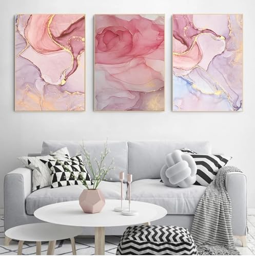 Tableau marbre rose salon moderne | Décoration peinture toile abstraite dorée 3 cadres