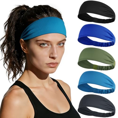 Image of ROCKTAKIN 5 Pack Running Headbands, Moisture Wicking Non-Slip Wide Elastic Sweatbands, Athletic Workout Sports Headbands for Men & Women, Running Cycling Basketball