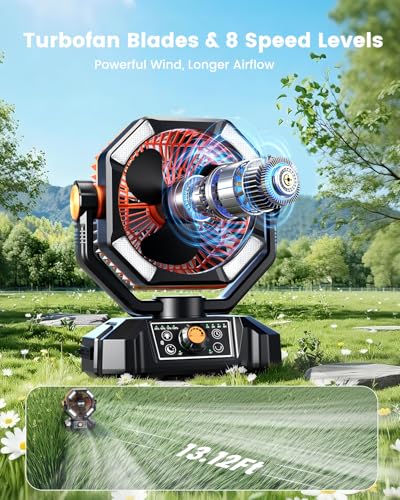 Image of Camping Fan, 20000mAh Battery Powered Fan with LED Lantern, Rechargeable Battery Operated Oscillating with Remote Hook, 8 Speeds Outdoor Fans for Teny, Picnic, Fishing, Travel, Jobsite Black