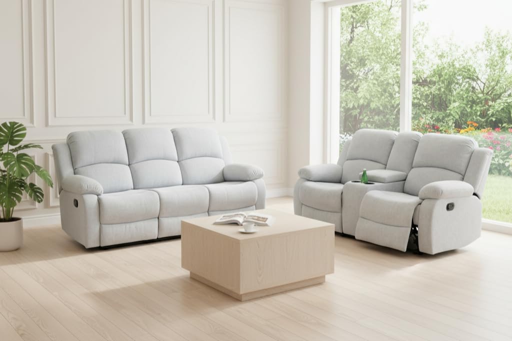 Manual Recliner Sofa Set, Linen Reclining Living Room Furniture Set, Adjustable Backrest Reclining Loveseat Sofa and a 3 Seater Couch Furniture Set for Living Room, Home Theater, White Grey