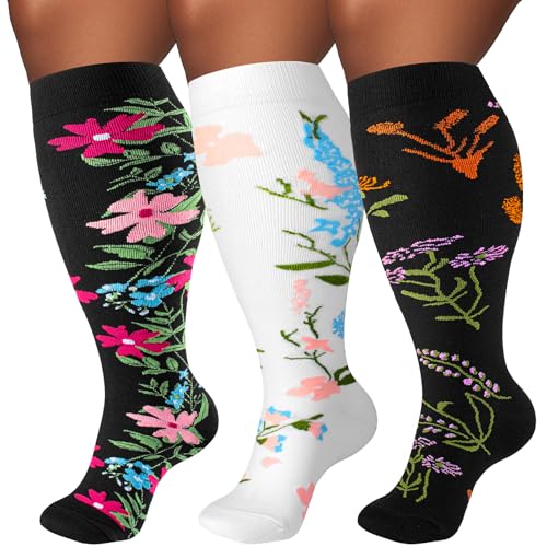 Image of Plus Size Compression Socks for Women & Men 3 Pairs, Wide Calf Extra Large 20-30 mmHg Knee High Support Socks for Travel, Running, Nurse