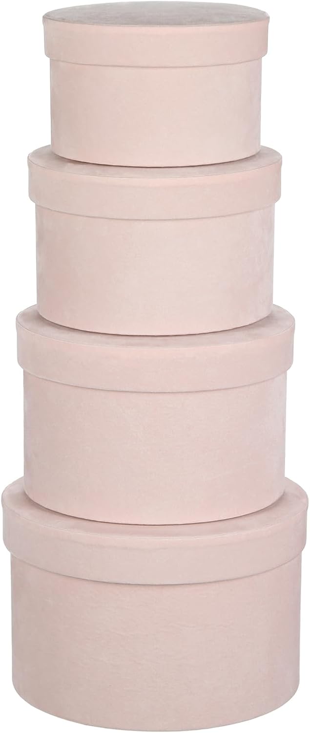 GnFlus Round Gift Boxes with Lids for Presents Set of 4 Light Pink Velvet Nesting Gifts Box for Arrangements Flowers Wedding Birthday Valentines Bridesmaid Christmas Party Anniversary
