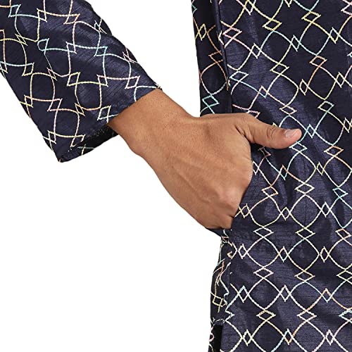 Image of SOJANYA, Men's Silk Blend NavyBlue Kurta with Multi Color Embroidery and Off-White Pyjama