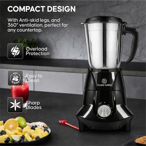 Image of Berlin Juicer Mixer Grinder 750W | High Power Mixer Grinder for Kitchen | 3 Jar | Perfect for Juicing, Mixing, Blending | Stainless Steel Blades | Black | 2 Years Warranty