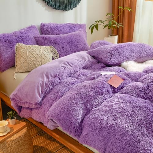 Furry Fluffy Purple Comforter Cover Twin Set – Faux Fur Furry Purple Bedding 2-Piece Set (1 Plush Duvet Cover + 1 Shaggy Pillow Sham) Cozy Bed Set