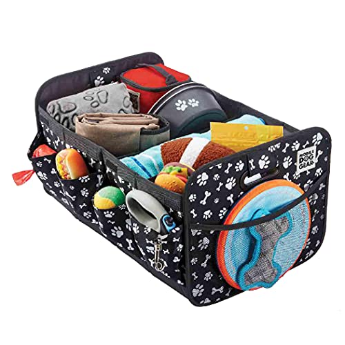 Mobile Dog Gear, Dogssentials Collapsible Storage Organizer for Travel with Built-in Waste Bag Dispenser, Includes 1 Roll of Waste Bags, Black/White Paw Bone Print, Meets Airline Regulations