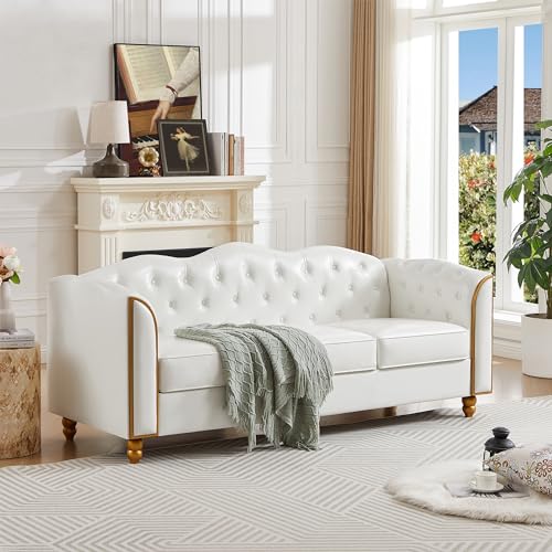 Image of HITHOS 78 inch Leather Sofa Couch, Soft 3 Seater Sofa Couches for Living Room, Button Tufted Comfy Couch Modern Sofa with Upholstered Cushion, Gold Trim, Solid Wood Legs for Dorm Bedroom Apartment, White