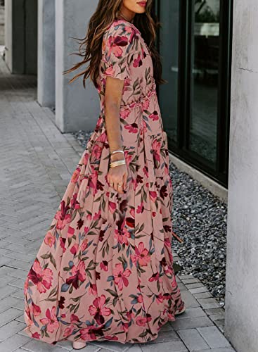 Blencot Women's Casual Boho Floral Printed Deep V Neck Loose Short Sleeve Long Evening Dress Ruched Cocktail Party Maxi Wedding Dress Red Large #TOP6