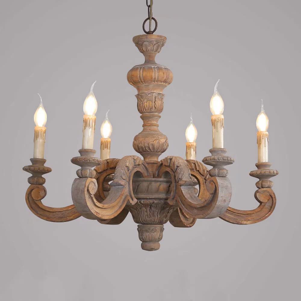Luminaire rustique bois sculpté blanc vieilli 5 têtes chambre