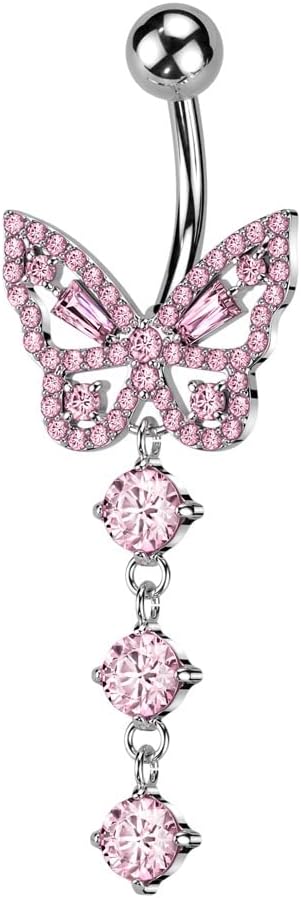 Pierced Owl 14GA 316L Stainless Steel CZ Crystal Butterfly with Dangling Crystals Belly Button Ring