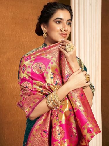 Image of Women's Paithani Silk Blend Saree with Blouse Piece, Woven Embellished Jacquard, Traditional