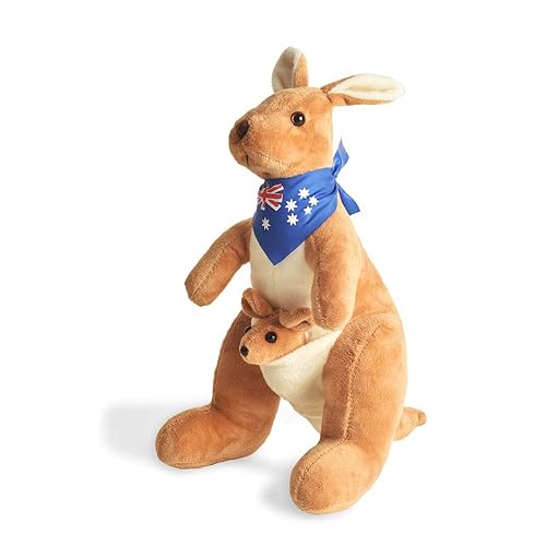BOHS Kangaroo Stuffed Animal Toy with Joey in Pouch and Australia Scarf - Soft and Cuddly Plush Toy for Kids - 11.8 inches - Brown