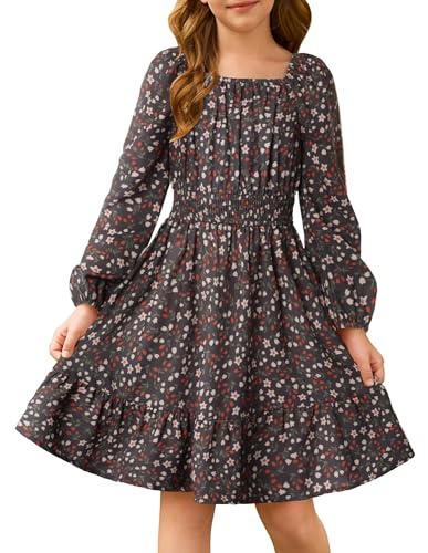 GRACE KARIN Robe Fille Manches Longues Col Carré Taille Smockée Évasée Chocolat Noir 10-11 Ans