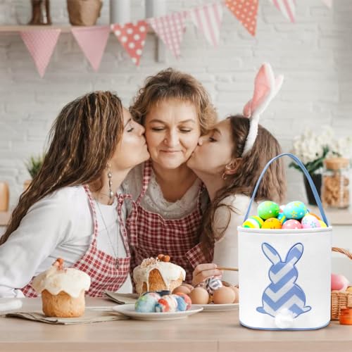Image of Easter Bunny Baskets, Easter Egg Hunt Bunny Bags Little Baskets with Fluffy Tail Canvas Cotton Rabbit Handbag Bucket Tote Bag for Kids Girls (Wave Pattern,Blue)