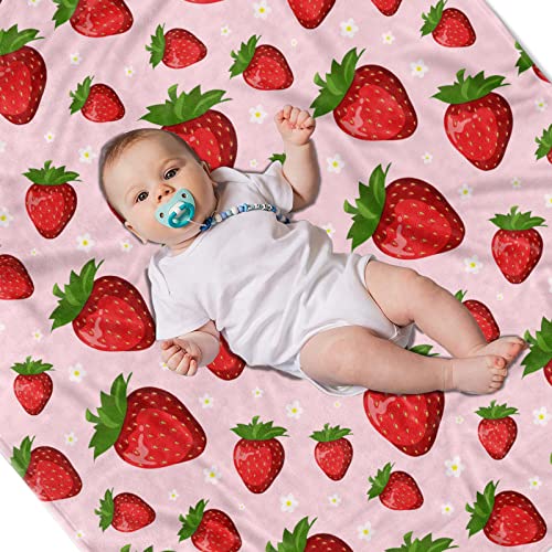 Image of Strawberry Throw Blanket for Women Kids, Strawberry Gifts for Girls Women Teens Mom Birthday, Soft Warm Cozy Fruit Pattern Fleece Blanket for Travel, Cute Pink Home Room Decor for Couch, Bed 50 inchx60 inch