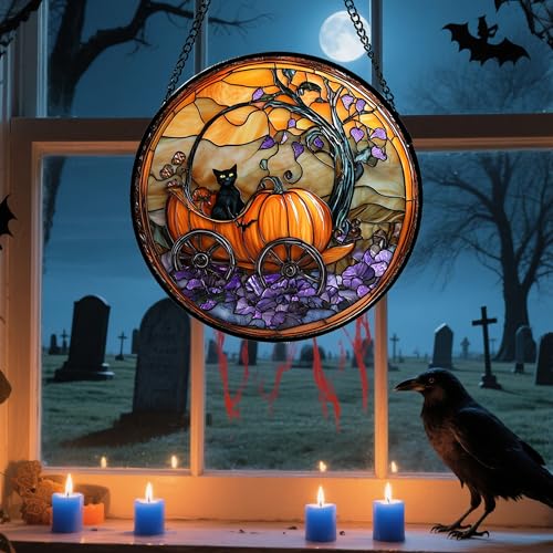 Image of Stained Glass Window Hanging - Halloween Pumpkin Carriage Black Cat Suncatcher for Doors Window Garden Spooky Sun Catchers Gothic Decor Horror Gifts for Women Men Friend Boy Girl 9.8 in