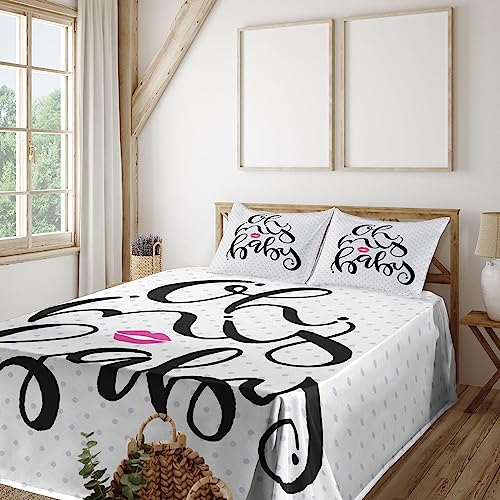 Ambesonne Saying Sheet Set, Hand-Written Style Oh My Phrase with Lips and Polka Dot, Fitted and Flat Sheet with Pillowcases Bedding Accent 4 Piece Set, Full, Lavender Black Pink