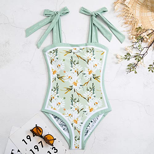 Aidonger Women's Reversible One Piece Swimsuits Floral Tie Shoulder Tummy Control Slimming Bathing Suits Square Neck Swimwear #TOP1
